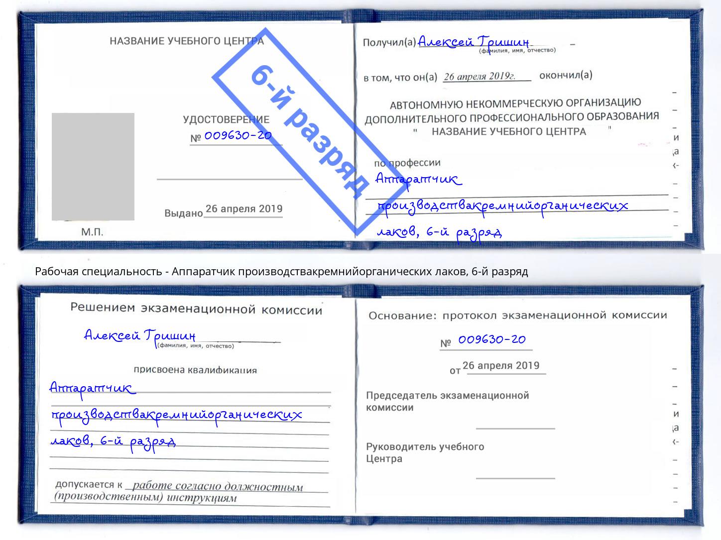 корочка 6-й разряд Аппаратчик производствакремнийорганических лаков Гудермес