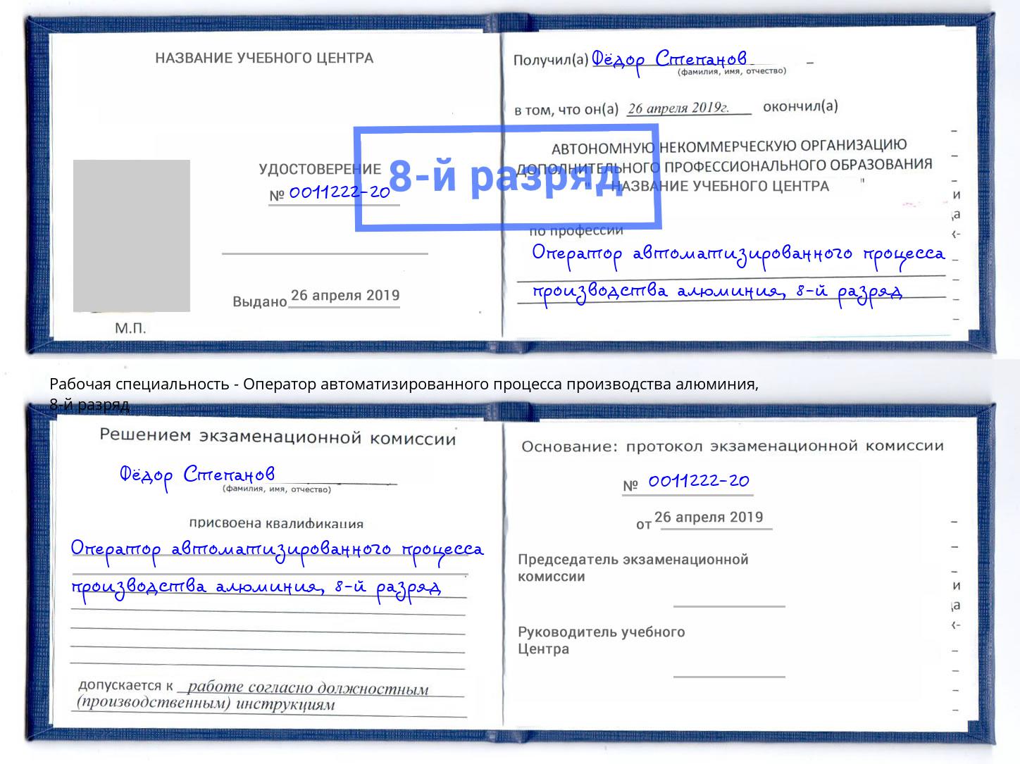 корочка 8-й разряд Оператор автоматизированного процесса производства алюминия Гудермес